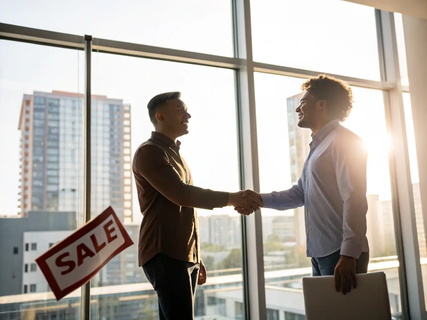 A successful real estate investor shaking hands with a client in front of a newly acquired property, representing the culmination of strategic investment and financial success.
